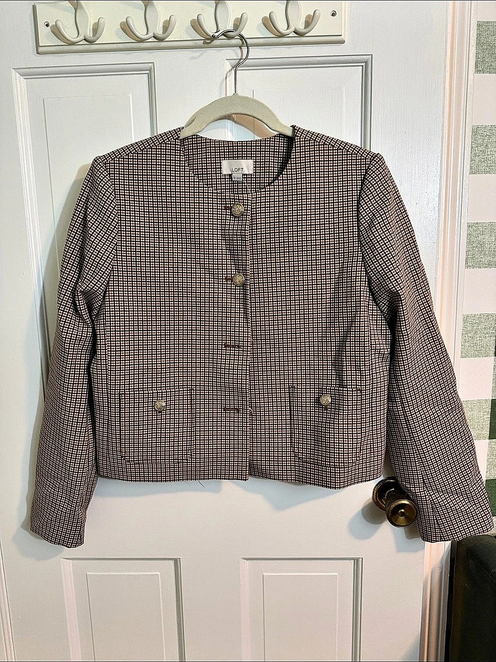 LOFT Plaid Cropped Jacket in Brown & Blue Size Medium NYT
